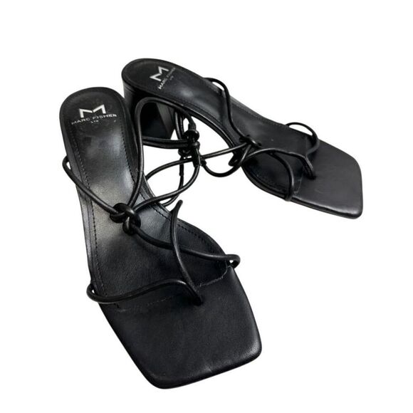 Marc Fisher Sandals Size 6.5 Black Leather Square Toe Block Heel - Picture 1 of 9